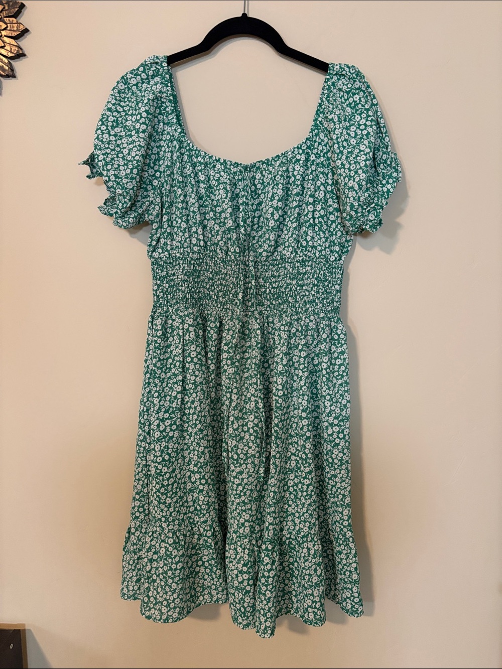Green Floral Square-Neck Smocked Midi Dress